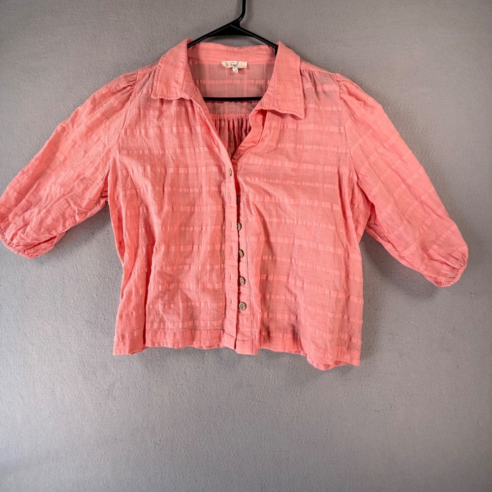 Easel Los Angeles Womens Medium Coral Cotton Blouse Button Front Textured Stripe
